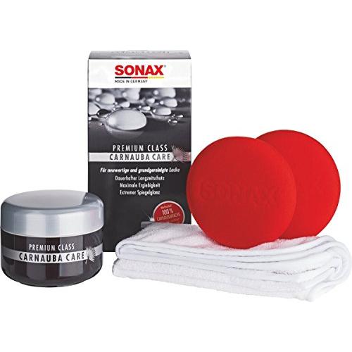 SONAX 02112000  PremiumClass CarnaubaCare, Set aus 200ml Hartwachs, 2 Applikationsschwämmen, Microfasertuch